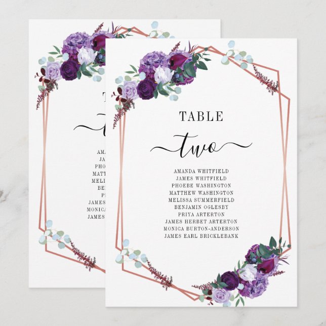 Lila Rose Gold Wedding Tischnummer 2 (Vorne/Hinten)