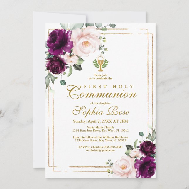 Lila Rose & Goldene Chalice Erste Heilige Kommune Einladung (Vorderseite)