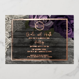 Lila Rose Grau Wood & Lace Rustikale Hochzeit Folieneinladung