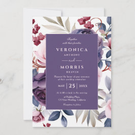 Lila Rose Hochzeit mit floralen Aquarellen Einladung