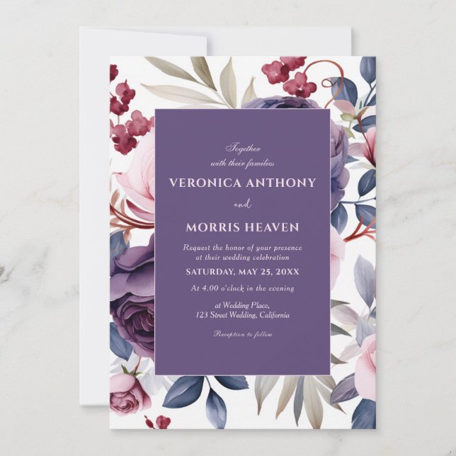 Lila Rose Hochzeit mit floralen Aquarellen Einladung (Vorderseite)