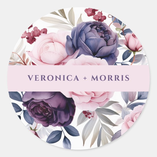 Lila Rose Hochzeit mit floralen Aquarellen Runder Aufkleber (Vorderseite)