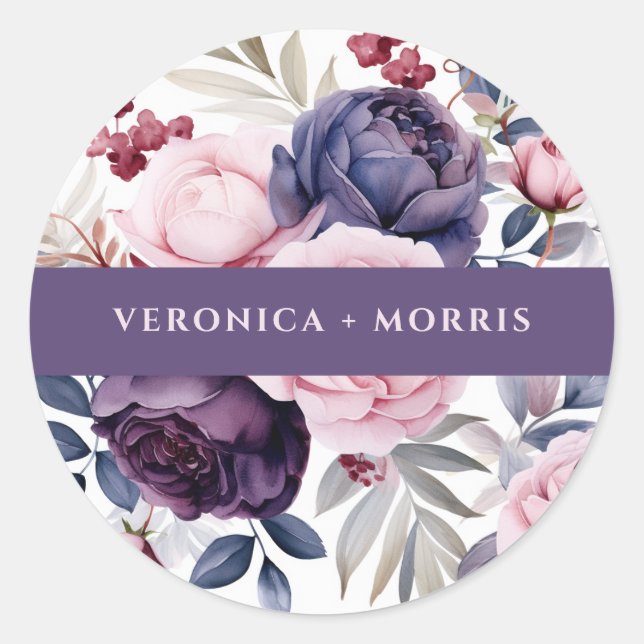 Lila Rose Hochzeit mit floralen Aquarellen Runder Aufkleber (Vorderseite)