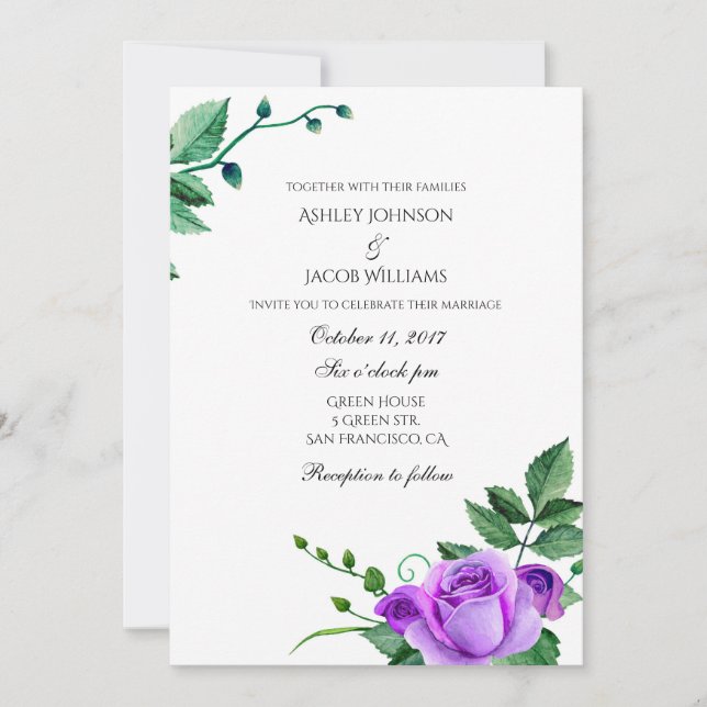 Lila Rose Hochzeitseinladung. Blumenladen Einladung (Vorderseite)