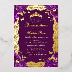 Lila Rose Lace Butterfly Quinceanera Geburtstag Folieneinladung