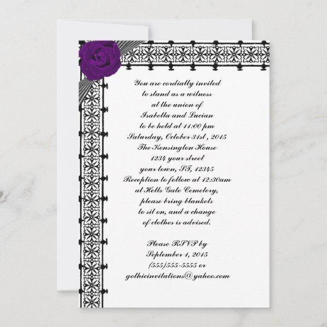 Lila Rose Lattice Gothic Wedding lädt ein Einladung (Vorderseite)