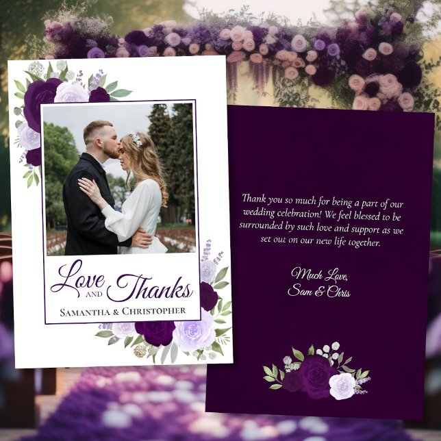 Lila Rose Liebe & Dank mit Hinweis Foto Hochzeit Dankeskarte (Front/Back)