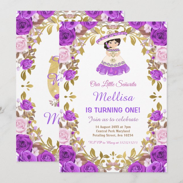 Lila Rose Mexikanisches Blumenmädchen Fiesta Gebur Einladung (Vorne/Hinten)