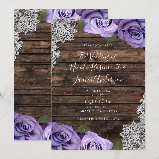Lila Rose mit Blumen, Rustikal-Holz und Spitzen-Ho Einladung (Vorne/Hinten)