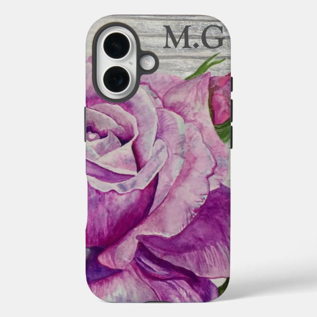 Lila Rose Monogramm aus rustikalem Holz iPhone 16 Hülle (Rückseite)