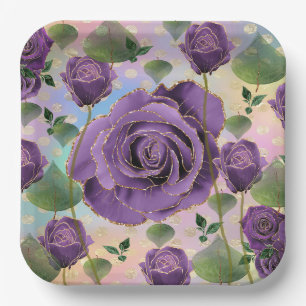 Lila Rose Papier Teller mit Imitate Gold Trimm