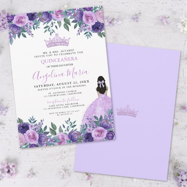 Lila Rose Quinceanera Einladung (Floral Purple Rose Quinceanera Invitation)