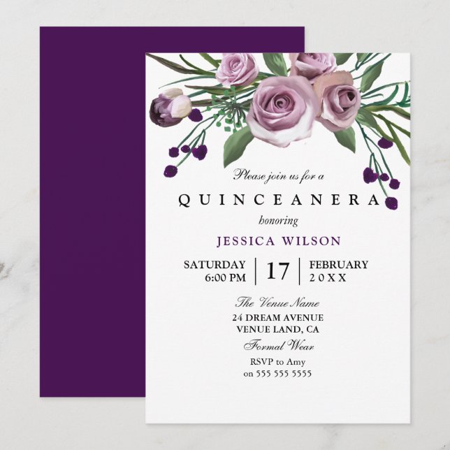 Lila Rose Quinceanera Einladung (Vorne/Hinten)