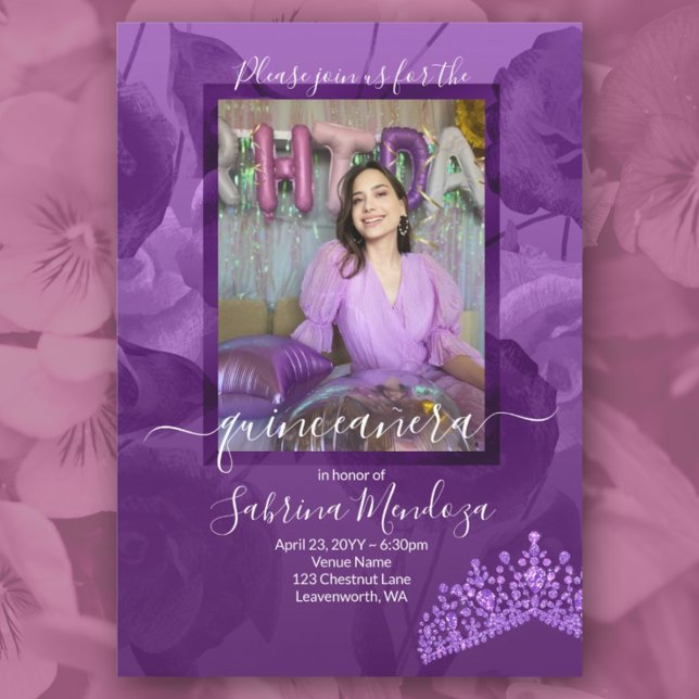 Lila Rose Quinceanera Foto Einladung (lavender, lilac purple quinceanera, purple gemstone tiara purple birthstone mis quince 15th 15 anos)