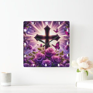 Lila Rose Schmetterlinge Radiant Cross Quadratische Wanduhr