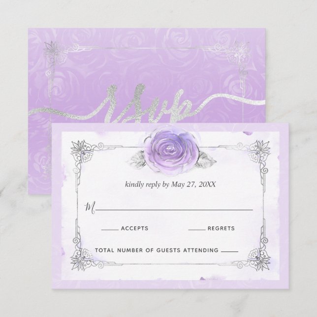 Lila Rose silber und leicht elegant RSVP Karte (Vorne/Hinten)