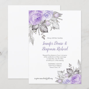 Lila Rose Silberne Blätter - Weiß - Hochzeit  Einladung