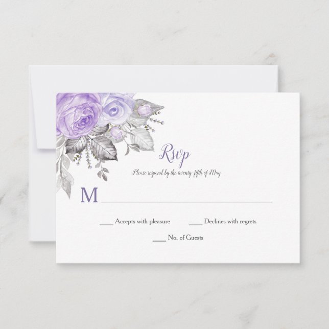 Lila Rose Silberne Blätter - Weiß - Hochzeit | RSVP Karte (Vorderseite)
