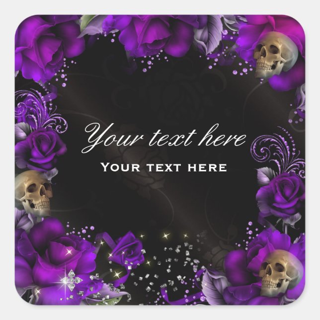 Lila Rose + Skulls Gothic-Aufkleber Quadratischer Aufkleber (Vorderseite)