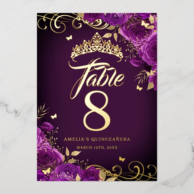 Lila Rose Swirl Quinceanera Gold Tischnummer (Vorderseite)