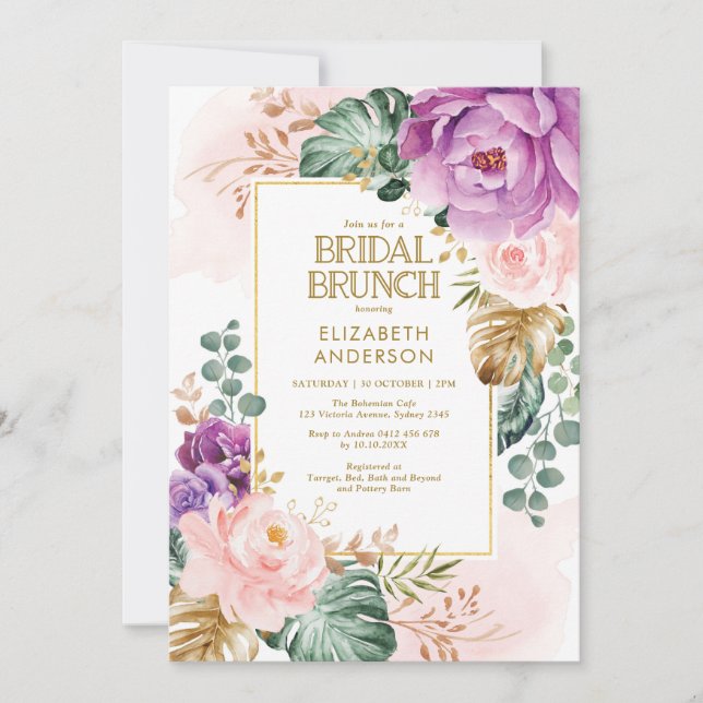 Lila Rose Tropische Vegetation Bridal Brunch Einladung (Vorderseite)