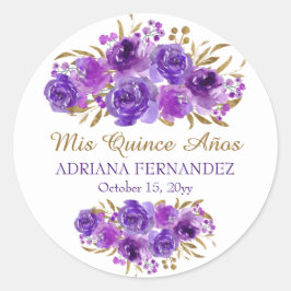 Lila Rose und Gold Leaf Mis Quince Anos Runder Aufkleber
