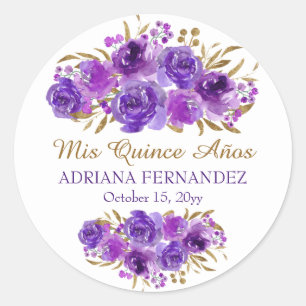 Lila Rose und Gold Leaf Mis Quince Anos Runder Aufkleber