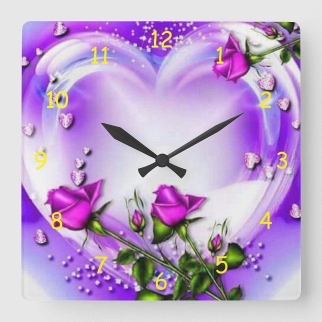 Lila Rose und Herz Quadratische Wanduhr (Vorderseite)