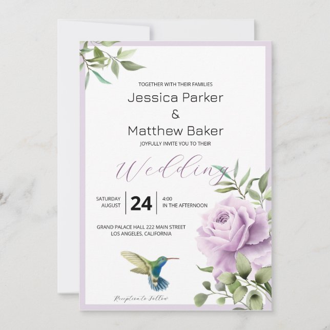 Lila Rose und Hochzeit von Hummingbird Einladung (Vorderseite)