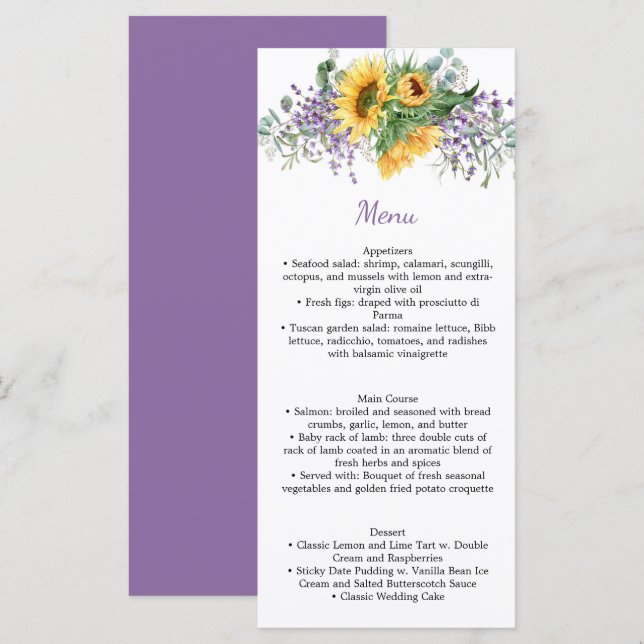 Lila Rose und Hochzeitsmenü im Grünen Menükarte (Vorne/Hinten)