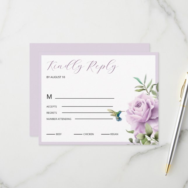 Lila Rose und Hummingbird RSVP Karte (Vorderseite/Rückseite Beispiel)