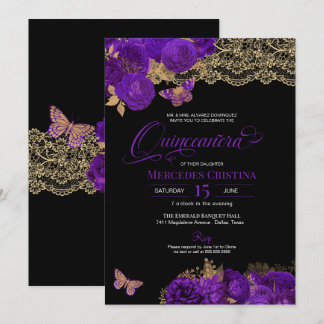 Lila Rose und Schmetterling Quinceañera Einladung