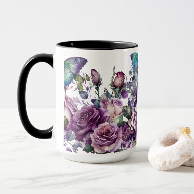 Lila Rose und Schmetterlinge Tasse (Mit Donut)