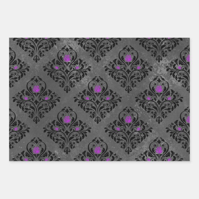Lila Rose und Schwarzer Damast Geschenkpapier Set (Vorderseite)