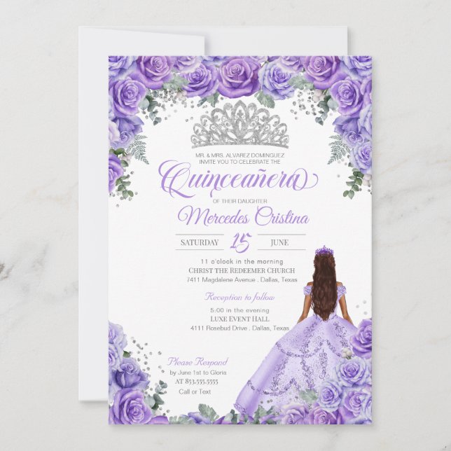 Lila Rose und Silver Tiara Quinceanera Einladung (Vorderseite)