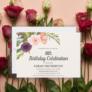 Lila Rosé Wasserfarben-Blumen zum 18. Geburtstag