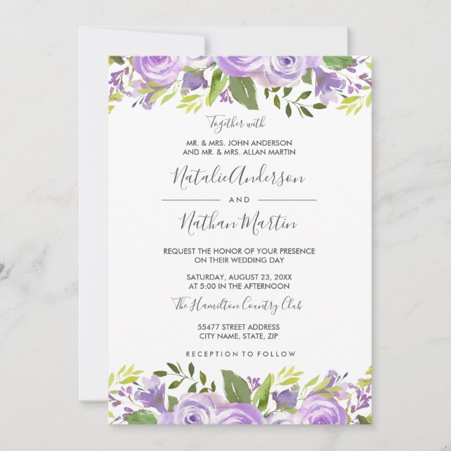 Lila Rose Wasserfarben Hochzeit Einladung (Vorderseite)