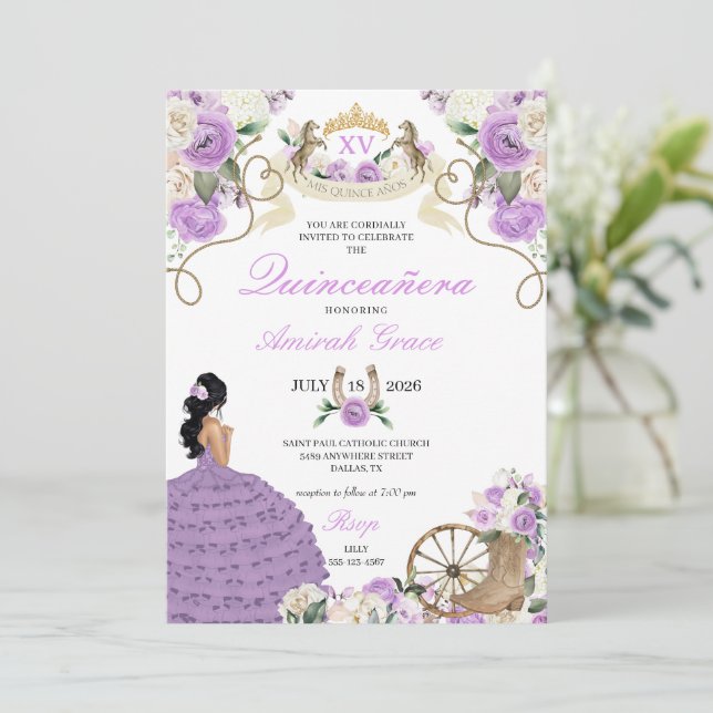 Lila Rose Western Charro Cowgirl Quinceañera Einladung (Stehend Vorderseite)