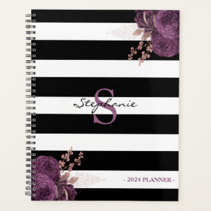 Lila Roségold Blumenmonogramm Schwarz Weiß 2024 Planer