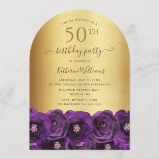 Lila Rosen Floral Gold 50. Geburtstagsfeier Einladung
