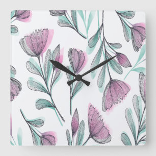 Lila Rosen Quadratische Wanduhr