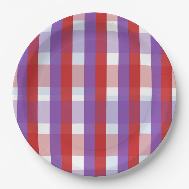 Lila, Rot und Rosa Gingham Pappteller (Vorderseite)
