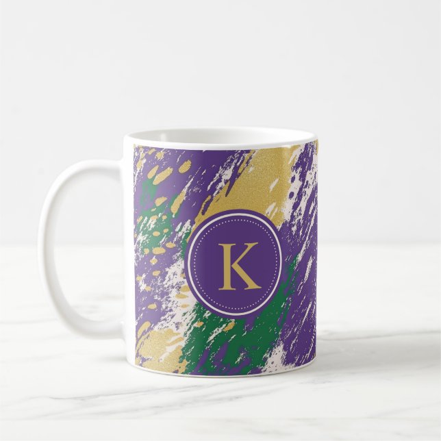 Lila rote Pinselstriche Muster Monogram Kaffeetasse (Links)