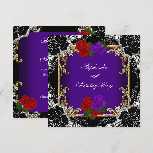 Lila Rote Rose Gold Black Birthday Party Einladung (Vorne/Hinten)