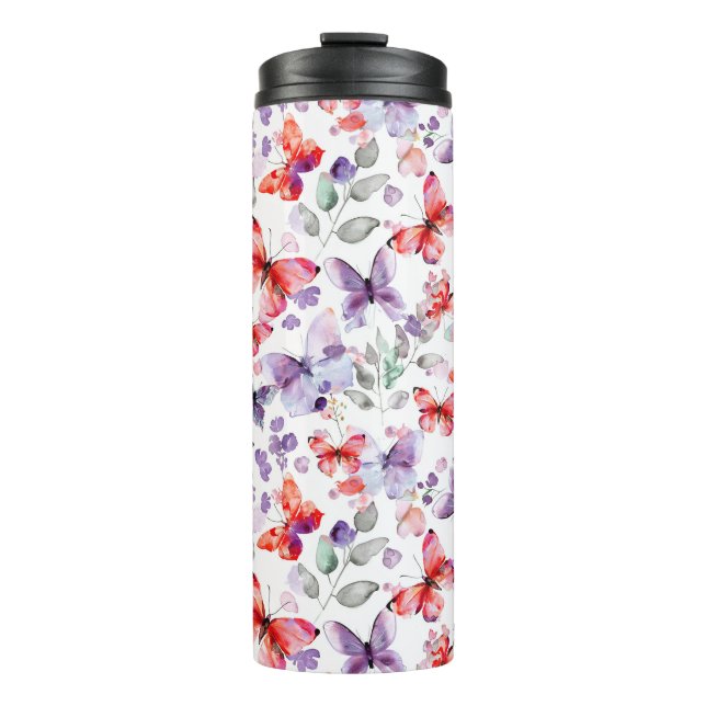 Lila rote Schmetterlinge Thermosbecher (Vorderseite)