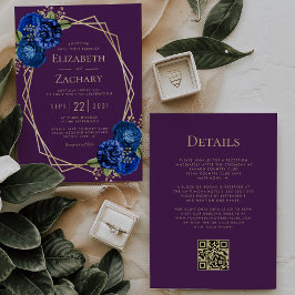 Lila Royal Blue Floral Gold Geo QR Code Hochzeit Einladung
