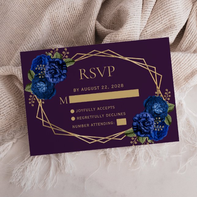Lila Royal Blue Floral Gold Geometric Wedding RSVP Karte (Von Creator hochgeladen)