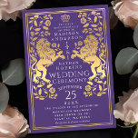Lila Royal Lion Mittelalterliche Hochzeit Einladung<br><div class="desc">Feiern Sie Ihren besonderen Tag mit diesem Royal Lion Medieval Gold Sword Wedding Design. Das Gold in diesem Design ist keine echte Folie. Sie können dies durch einen Klick auf "PERSONALISIEREN" weiter anpassen.</div>