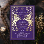 Lila Royal Lion Mittelalterliche Hochzeit Folieneinladung<br><div class="desc">Feiern Sie Ihren besonderen Tag mit diesem Royal Lion Medieval Sword Wedding Design. Dieses Design verfügt über einen Rahmen mit zwei Löwen und Blume. Die Rückseite dieses Produktes ist flach bedruckt und NICHT echter Folie.</div>