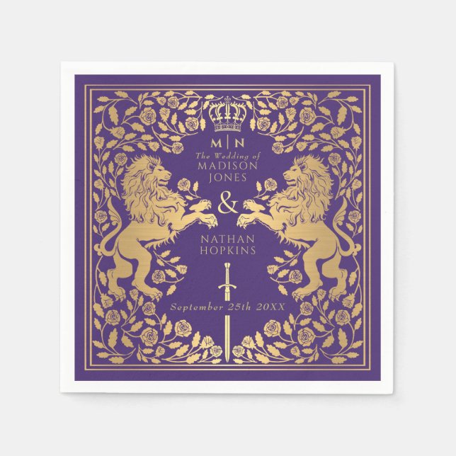 Lila Royal Lion Mittelalterliche Hochzeit Serviette (Vorderseite)
